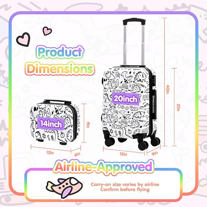 smilesun 14" & 20" Kids DIY Coloring Luggage Set, 2PCS Carry-On Durable Suitcase with Wipe-Clean Shell, Spinner Wheels, TSA Lock