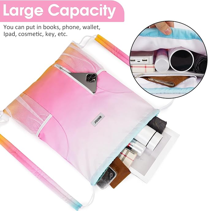WANDF Drawstring Backpack with Shoulder Pad Sports Gym Backpack with Mesh Pocket String Bag for Women Men((Rainbow)