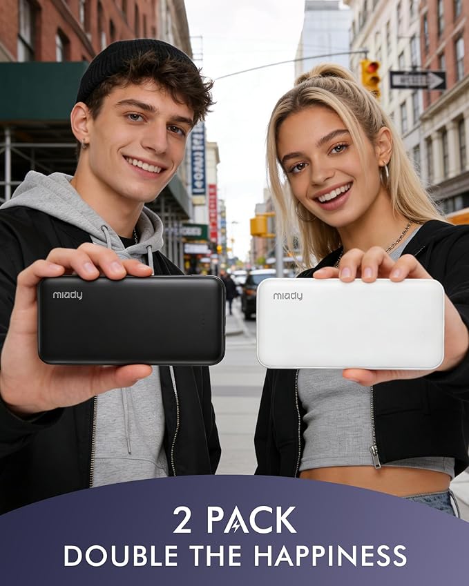 Miady 2-Pack Portable Charger, Slim 10000mAh Power Bank Travel Battery Pack 3 Outputs 2 Inputs Compatible with iPhone 17/16/15/14/13 Galaxy S24/22 iPad Android etc (2 White)
