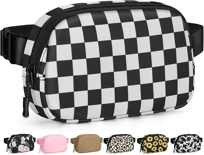 Pritent Fanny Packs for Women Cross Body Bag Waterproof Belt Bag with Adjustable Strap and Zipper Back Pocket Small Crossbody Bags Fashion Waist Packs for Workout Travelling(Checkered Black, Large)