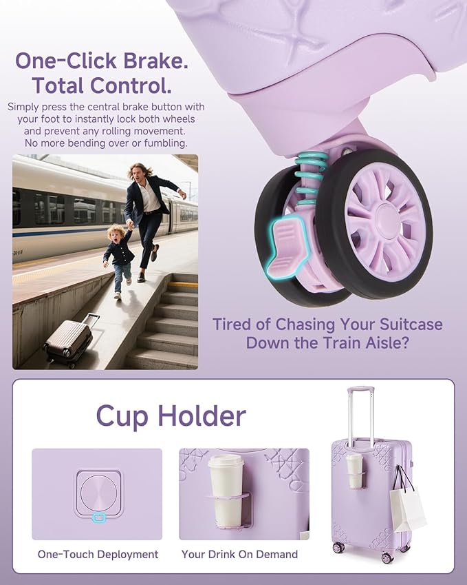 Somago Expandable Carry On luggage with Shock-Absorbing Braking Spinner Wheels Moon Star Design Hard Shell Suitcase with Cupholder TSA Lock (Light Purple,Expandable 20 Inch)