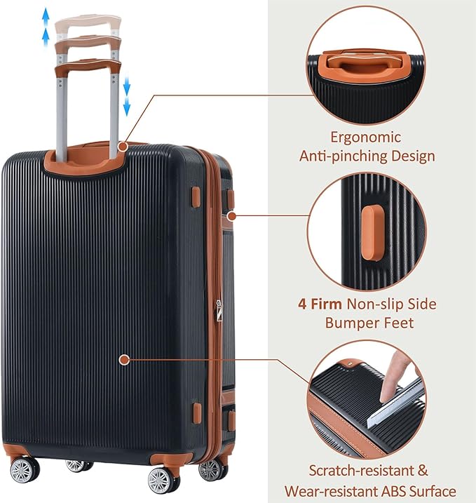 3 Piece Hardshell Luggage Sets 20"+24''+28" Black Expandable Hardside Luggages Spinner Suitcase with Spinner Wheels & TSA Lock,Lightweight Luggage Sets For Women Men Outdoor Travel