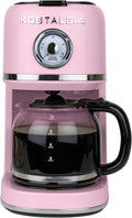 Nostalgia Classic Retro 10 Cup Coffee Maker - One-Touch Drip Brew, Reusable Filter - Anti-Drip, Auto Shutoff, & Time Display - Dishwasher Safe 50 oz Carafe - Pink