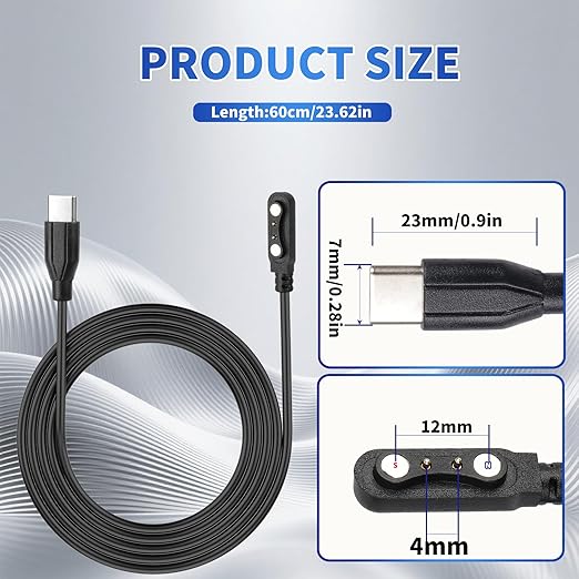 USB C for Smart Watch Charger Cable 2 Pin Cord,Replacement Charger for Smart Watch, Fitness Tracker, Charger Contact pin spacing Compatible 4mm (1)