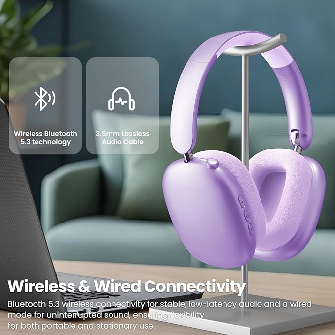 Wentronic Y01 Wireless Noise Canceling Headphones Bluetooth 5.3 Over Ear Headphones with Microphone, Hi-Res Audio, 48H Playtime, Foldable Comfortable Earpads,Compatible with iOS,Android,PC, Purple