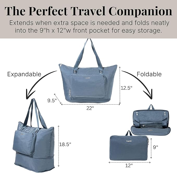 Baggallini Carryall Expandable Lightweight Travel Tote 22" Packable Folding Compact Nylon Washable Weekender w/Luggage Sleeve