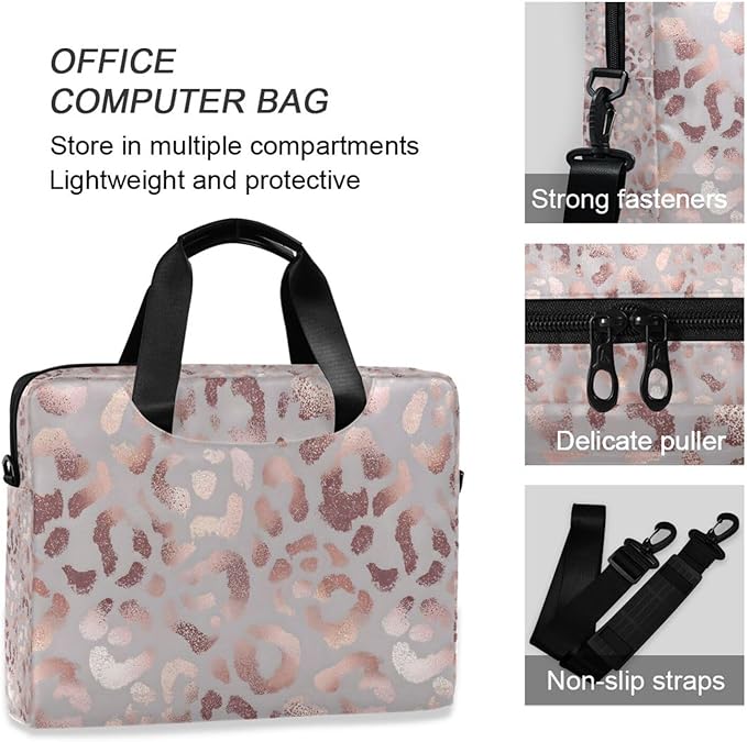 Rose Gold Leopard Print Pink Laptop Messenger Bag Case Sleeve Crossbody Briefcase for Men Women with Shoulder Strap Handle 13 14 15.6 inch