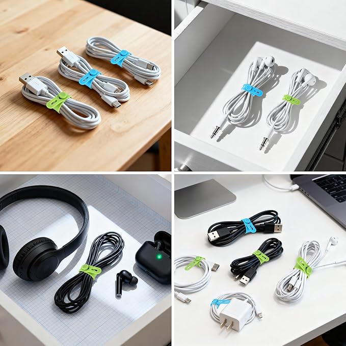 24 Pcs Silicone Cable Ties, Cord Organizer Ties, Cord Ties Reusable, Cord Wrap Cable Organizer 5Inch Cable Management (4 Color) Cbfoeyk