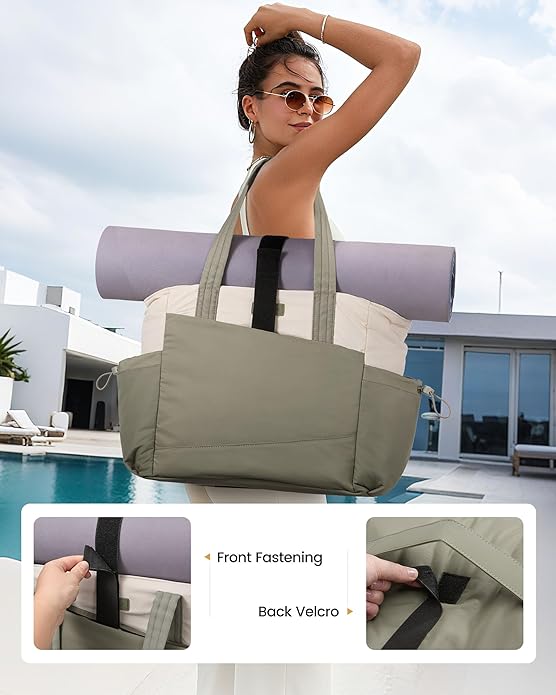 LOVEVOOK Gym Tote Bag for Women, Puffy Yoga Mat Bag with Large Cup Holder & Wet Pocket, Work Nurse Bag for Travel Workout