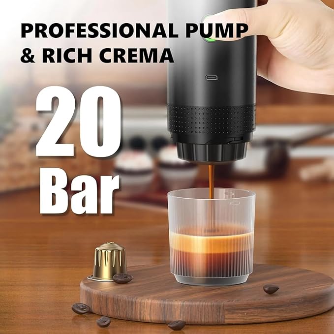 Portable 3-in-1 Espresso Coffee Maker – Self-Heating, Rechargeable USB-C & Smart LED Display, 20-Bar Extraction, Works with Ground Coffee & NS/DG Capsules, Camping (Grey)