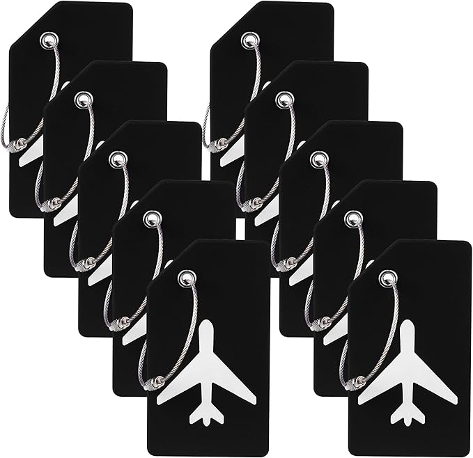 10 Pack Silicone Luggage Tag for Suitcases with Stainless Loop, TSA Approved, Privacy Protection Travel Essentials Bag Tags by Gostwo, Black