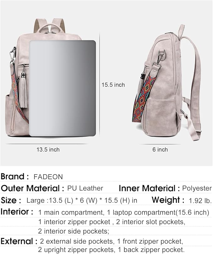 FADEON Laptop Backpack Purse for Women Large Designer PU Leather Laptop Bag, Ladies Computer Shoulder Bags