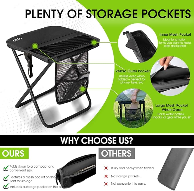 CAMDOOR Portable Collapsible Stool, 16″Folding Stool with 3 Side Pockets and Shoulder Strap, Extra Large Camping Chair Supports 400 lbs, Ultralight Portable Seat for Outdoor, Hiking, Fishing (Black)