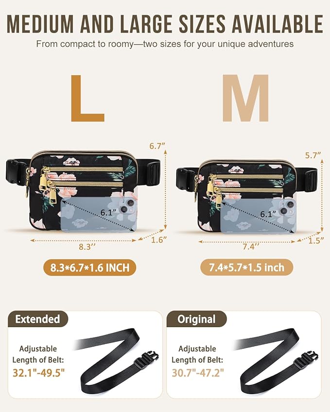 Capolo Fanny Packs for Women Fashion Waist Packs Bag with Adjustable Strap and 4 Zipper Pockets Waterproof Everywhere Crossbody Belt Bag for Workout Running Travelling(Black Flower, Large)