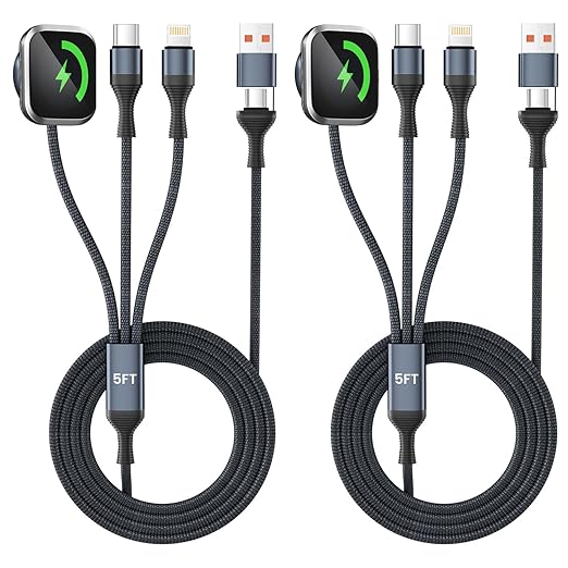 3 in 2 USB C Multi Charging Cable for iWatch Charger/Type C/IP, Braided Multi Charger Cable, USB C Phone Charger Cord Compatible with iPhone 17-11/iWatch Series/Car/Travel/Home 5FT 2PS