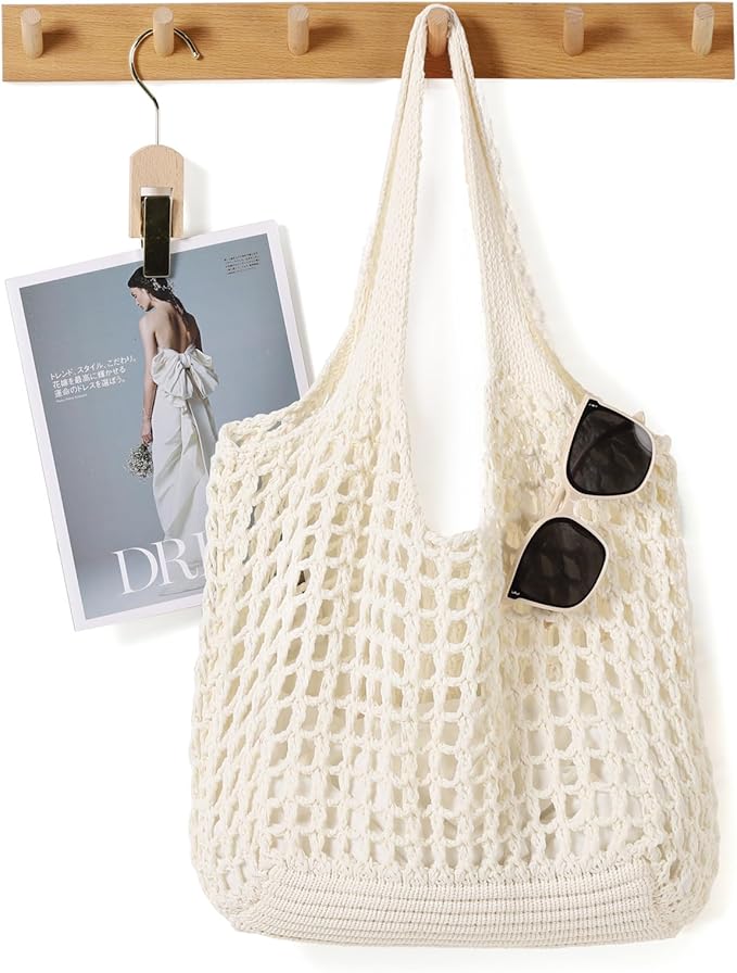 WantGor Crochet Bags, Beach Mesh Tote Bag Womens Shoulder Shopping Handbag Casual Travel Totes Bag Foldable Hobo Bags