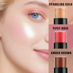 Badhare 3-in-1 Face Blush Stick, Highlighter Brush | 3 Shades Set | Waterproof, Sweatproof, All-Day Wear | Buildable Cream Stick for Face, Eyes, Lips (Sparkling Gold, Tipsy Rose, Amber Brown)