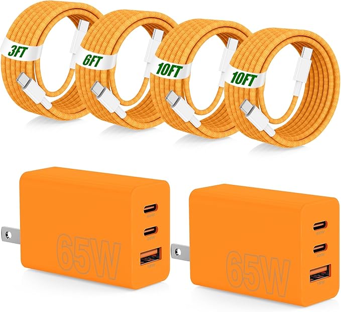 65W Super Fast Charger Type C for Samsung,3 Port 100W Quick Charging 3.0 USB C Block & 3/6/10/10FT Braided Type C Cord for Samsung Galaxy S26 Ultra/S26/S25 Ultra/iPhone 17 Pro/MacBook Pro/Air-Orange