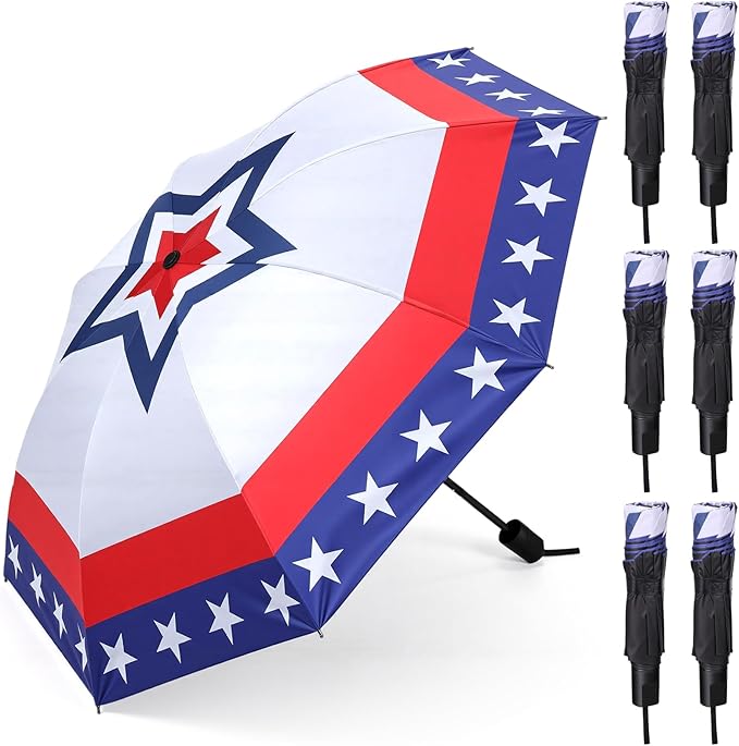 6 Pcs Patriotic American Umbrellas Red White Blue 4th of July Umbrellas with 8-Rib and Black Coating, Windproof