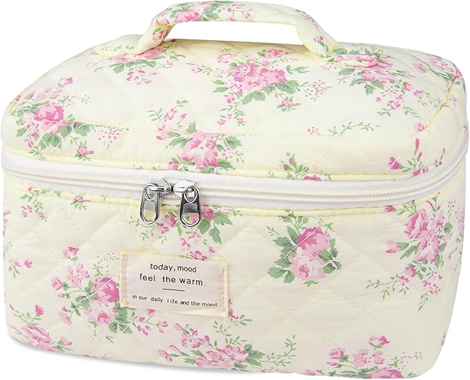Gosect Large Travel Quilted Makeup Bag for Women,Big Floral Cotton Cosmetic Bag, Cute Coquette Aesthetic Floral Toiletry Organizer Bag (Pink pattern)