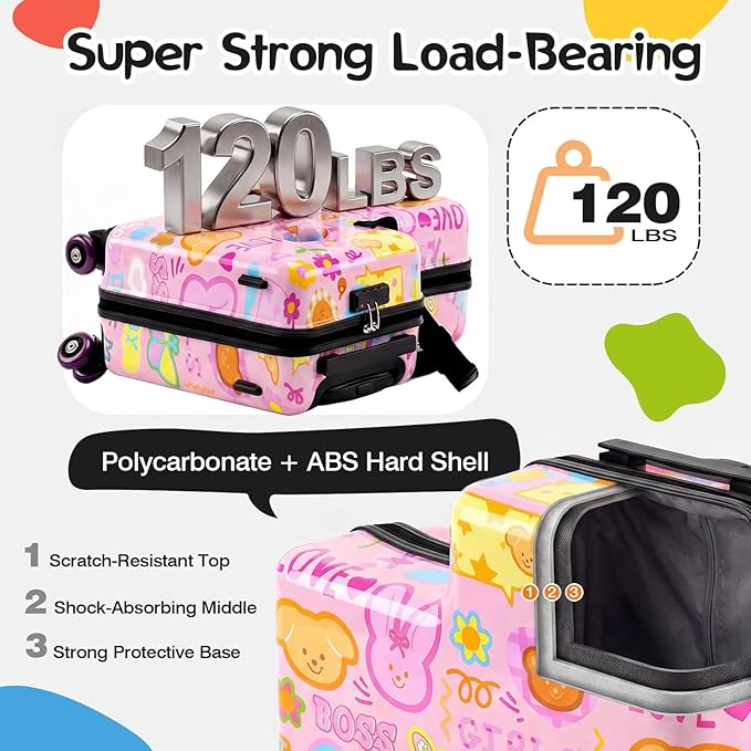 smilesun 20" Ride-On Suitcase for Kids, Cute Pattern, Lightweight Hardshell Carry-On Luggage with Double Spinner Wheels, TSA Lock for Boys & Girls (Candy Garden Pink, 20-inch)