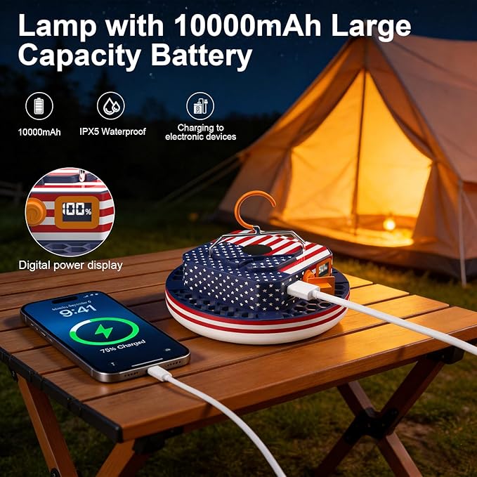 IODOO 10000mAh Rechargeable Camping Light with Remote , US Flag Print American Flag Light for Outdoor Camping Hiking Emergency Power Failure (30W(US Flag Style))