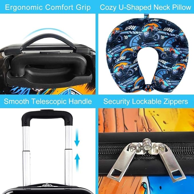 Kids Luggage Set for Boys, HardsideBoys 2Pcs Boys Travel Suitcases with Wheels, 16.5 Inch Truck Carry on Rolling Luggage Airline Approved (Black)