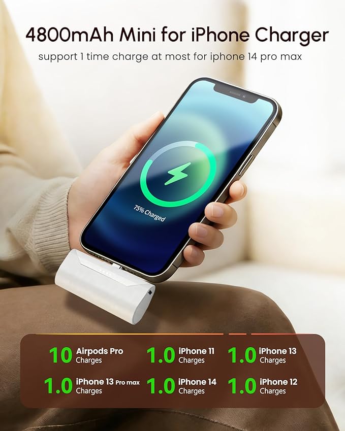Handy White Portable Charger for Lightning, 4800mah Power Bank Compatible with iPhone 14 Pro, Compact Mobile Battery Pack Charger for iPhone 12/14plus/13/XS/XR/SE/6S/7/8/11 Series