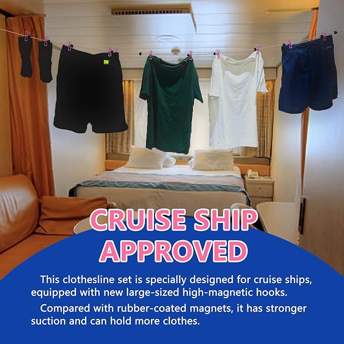 Slim Version Magnetic Retractable Clothes Line for Cruise Ship Approved 2025 2026 Travel Essentials with Clothespins 4 Cruise Luggage Tags - Strong Magnets Hooks