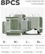 Percover Compression Packing Cubes 8-Piece Set, Packing Cubes Compression for Travel with Laundry Bag & Shoe Bag, Travel Organizer for Carry On & Checked Luggage, Green
