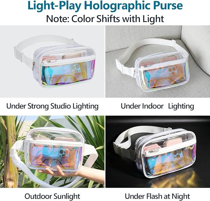 Veckle Holographic Fanny Pack for Women - Plus Size 35-51 Inch Iridescent Clear Belt Bag, Adjustable Crossbody Waist Bag for Concert, Festivals, Raves, Theme Parks, White