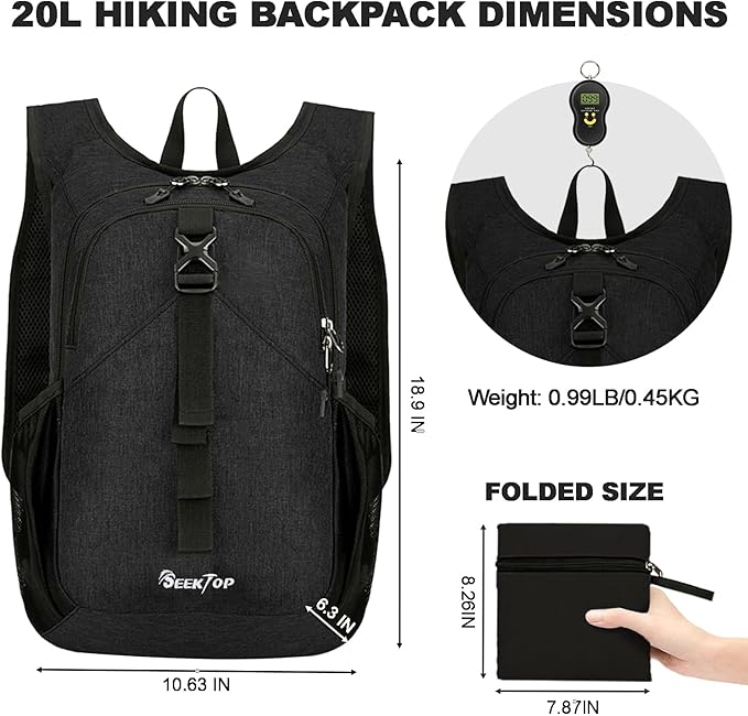 Seektop 20L Small Hiking Backpack for Women Men, Lightweight Hiking Packable Daypack with Phone Pocket for Travel Camping (Black, 20L)