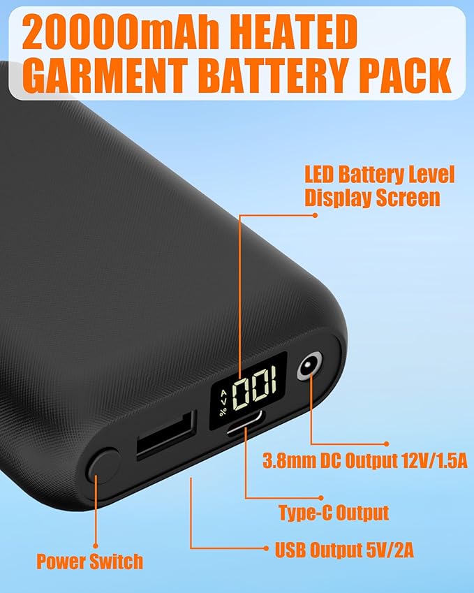 CYCYHEAT 12V1.5A 20000mAh Battery Pack for Heated Vest Jacket Coat Pants and Heating Underwear, DC Port Heated Clothing Replacement Battery Pack