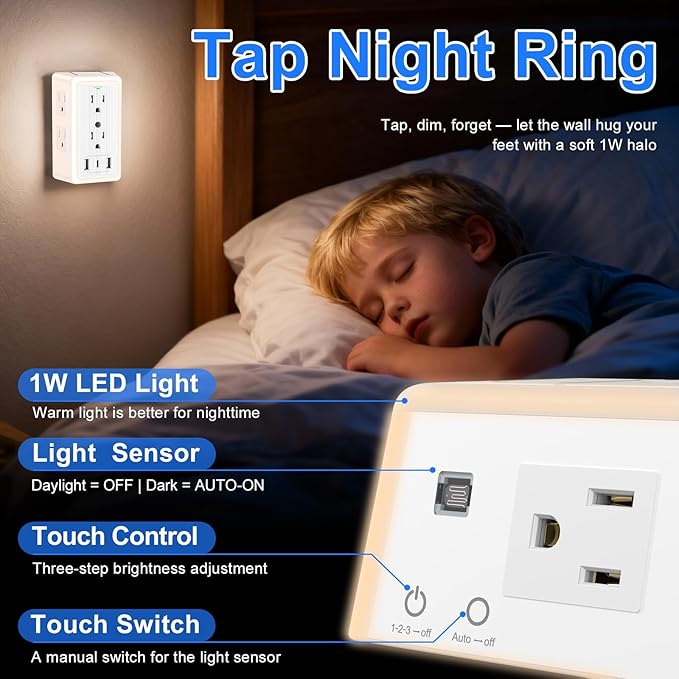 Wall Outlet Extender with USB Charging Ports 9 in 1 Plug Extension Block Multiple AC Outlets Splitter Power Hub Wall Tap 1500J Surge Protection Night Light Dusk to Dawn Sensor Switch ETL Listed
