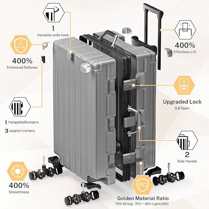 Krute Zipperless Luggage Set 2 Pieces Aluminum Frame Suitcase Sets Polycarbonate Hard Shell Luggage TSA Lock Checked Suitcase with Spinner Wheels Gray