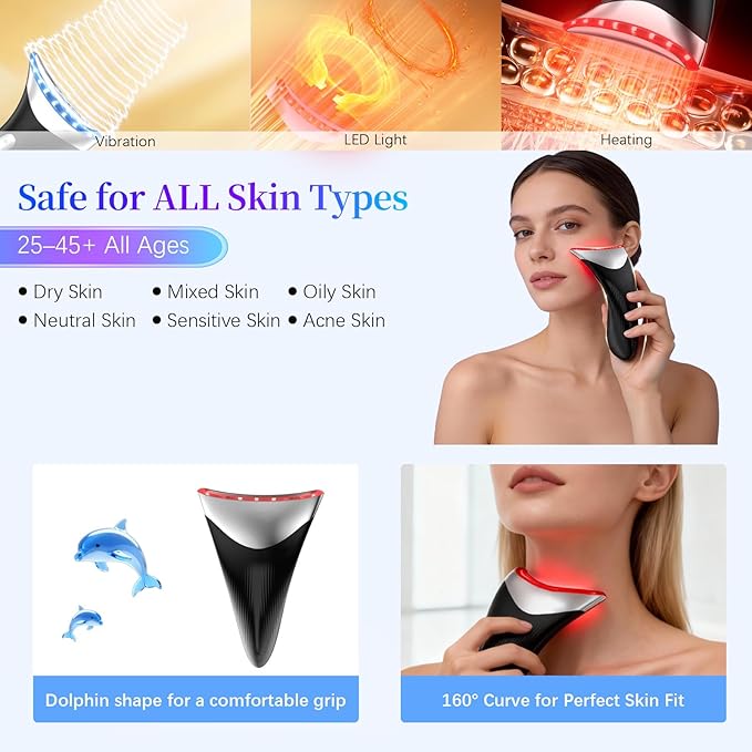 Face Neck Beauty Device, 7-Color Led Light Therapy Face Neck Massager, Multifunctional Vibration & Heat Facial Skin Care Tool, Ideal for Home Travel Skin Care, Black