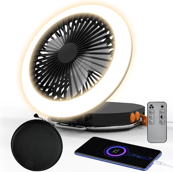 iodoo Camping Fan Light with Remote and Portable Carrying Bag - 12000mAh Rechargeable Battery, 24H Run Time, 2000LM, 3 Light Modes & Stepless Dimming, Ultra - Quiet Table Fan Baby Fan