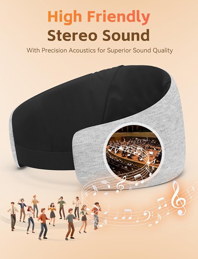 Sleep Mask with Bluetooth 6.0 Headphones, 20H Playtime Sleeping Headphones for Side Sleepers, Adjustable Blackout Eye Mask for Travel Meditation, Noise-Reducing Sleep Mask Gifts for Women Men, Gray