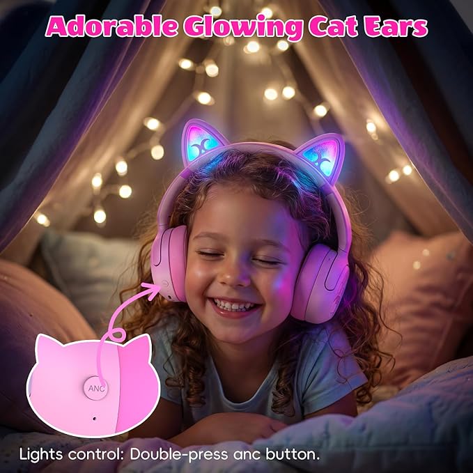 Kids Bluetooth Headphones with LED Cat Ears, Active Noise Cancelling Headphones for Kids, 85dB Volume Limited, 40H Play Time, Bluetooth 6.0, Fast Charging, Built-in Mic for iPad/Tablet/Airplane, Pink