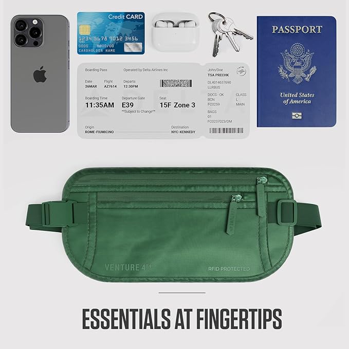 VENTURE 4TH Money Belt for Travel – Slim Hidden Under-Clothes RFID Blocking Anti-Theft Passport Holder & Travel Wallet Pouch for Men & Women to Protect Cash, Cards & Documents (Sleek Army Green)