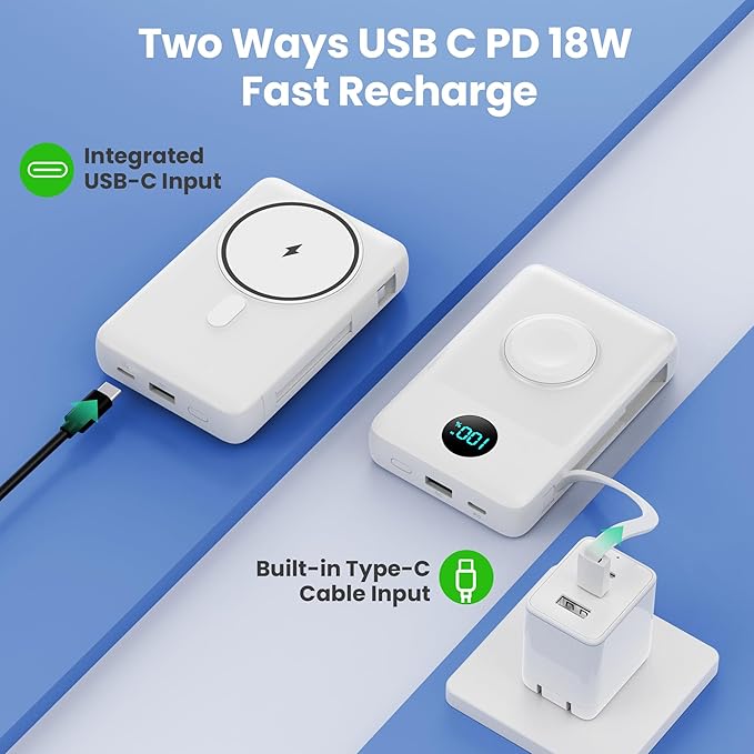6 in 1 Magnetic Portable Charger for iPhone with Built-in Cables, 10800mAh 25W PD Fast Charging Power Bank, 6 Outputs Travel Essential Battery Pack for iPhone 17/16/15/14/13/12,Apple Watch (White)