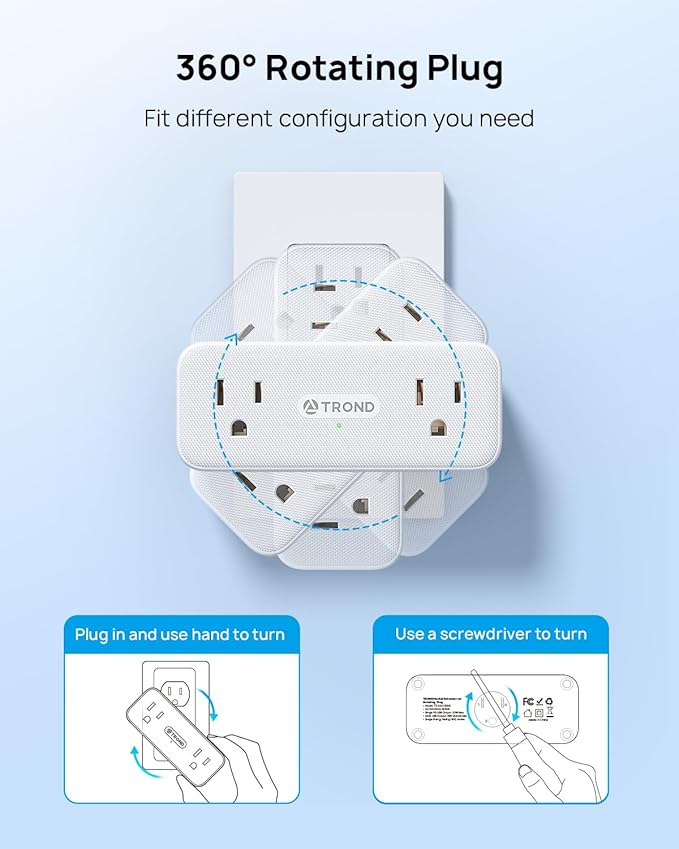 TROND Outlet Extender Surge Protector with 360 Rotating Plug, Multi Plug Wall Outlet with 6 Grounded Sockets and PD20W USB C Charger, 900J, Sideways Plug Adapter for Tight Space in Kitchen Bathroom