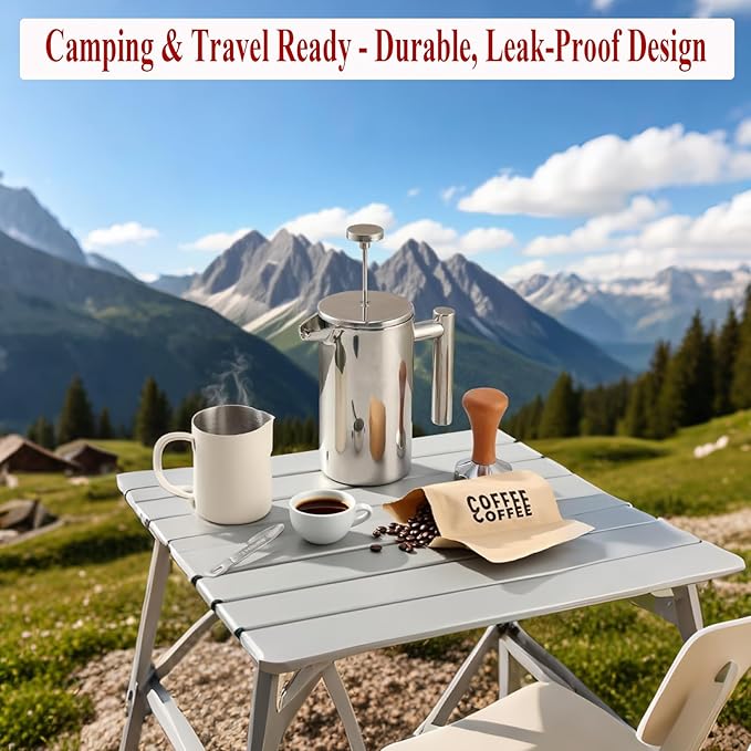 French Press Coffee Maker, 34 Oz Stainless Steel, Triple Mesh Filter, Double Wall Insulated, for Coffee & Tea, Portable for Home, Office, Camping & Travel
