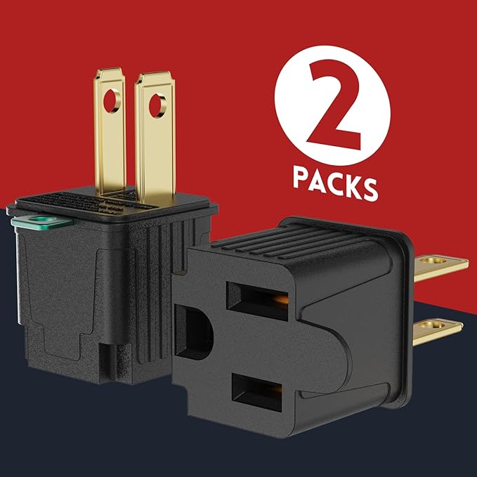 PLUGTUL 2 Prong to 3 Prong Outlet Adapter, Polarized Grounded Outlet Converter, Wall Outlet Plug for Household, Workshops, ETL Listed, 2-Pack, Black