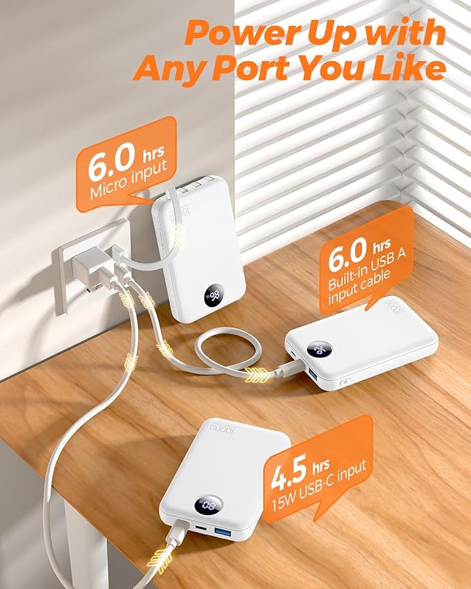 HAIARA 10000mAh Power Bank with 4 Built-in Cables,20W PD Fast Charging Portable Charger with LED Display,USB-C & USB-A Outputs,5 Devices Simultaneous Charging,External Battery Pack for iPhone-White