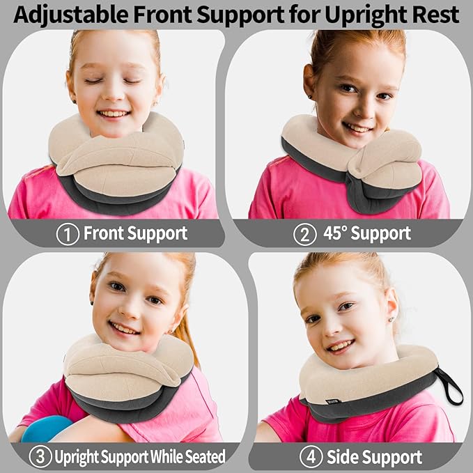 BUYUE Kids Travel Pillows for Airplane, Memory Foam 360° Head Support Sleeping Essentials for Long Flight, Skin-Friendly Soft Neck Pillow for Traveling in Car Seat, (Small, Beige Grey, 40-90 lbs)