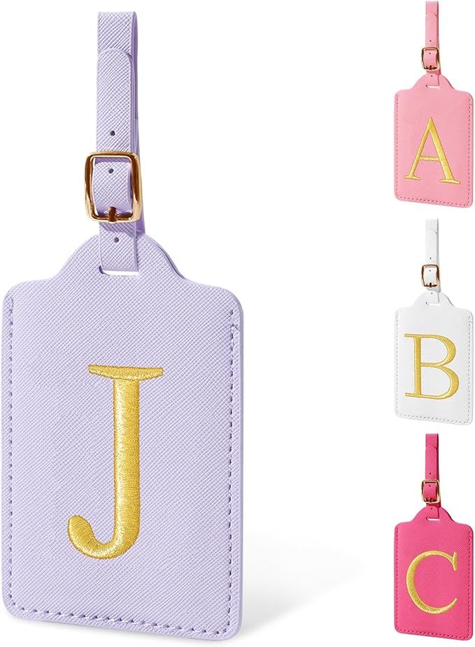 Personalized Initial Luggage Tags for Suitcase, Purple Leather Cute Luggage Tags with Privacy Cover Name Card, Embroidered Custom Monogrammed Luggage Tag Travel Backpack Tags Gifts for Women Kids(J)