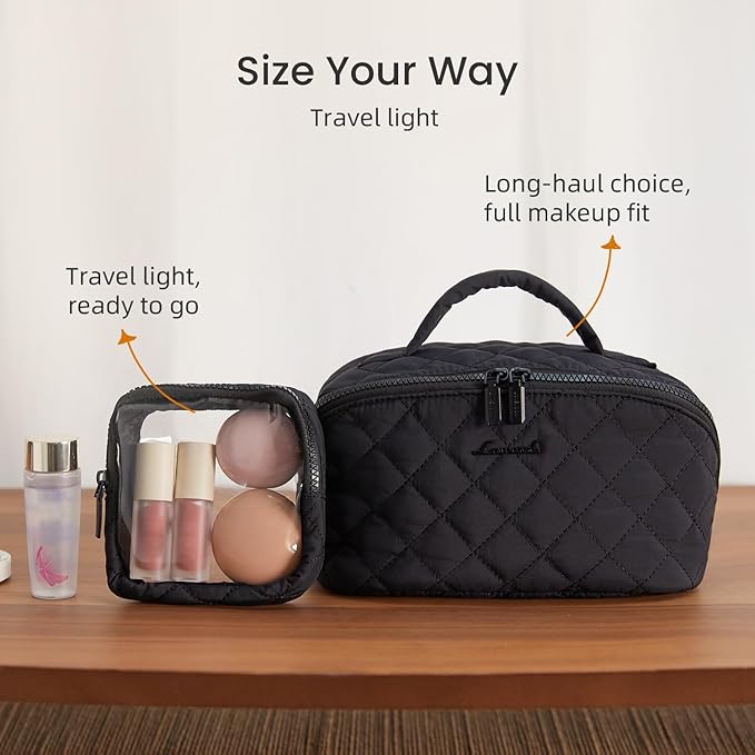 LOVEVOOK Travel Makeup Bag for Women, 2Pcs Puffer Waterproof Cosmetic Organizer, Large Capacity Pouch Open Flat Small Toiletry Bag with Brush Compartment & Handle (Black, Large)
