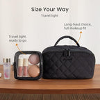 LOVEVOOK Travel Makeup Bag for Women, 2Pcs Puffer Waterproof Cosmetic Organizer, Large Capacity Pouch Open Flat Small Toiletry Bag with Brush Compartment & Handle (Black, Medium)