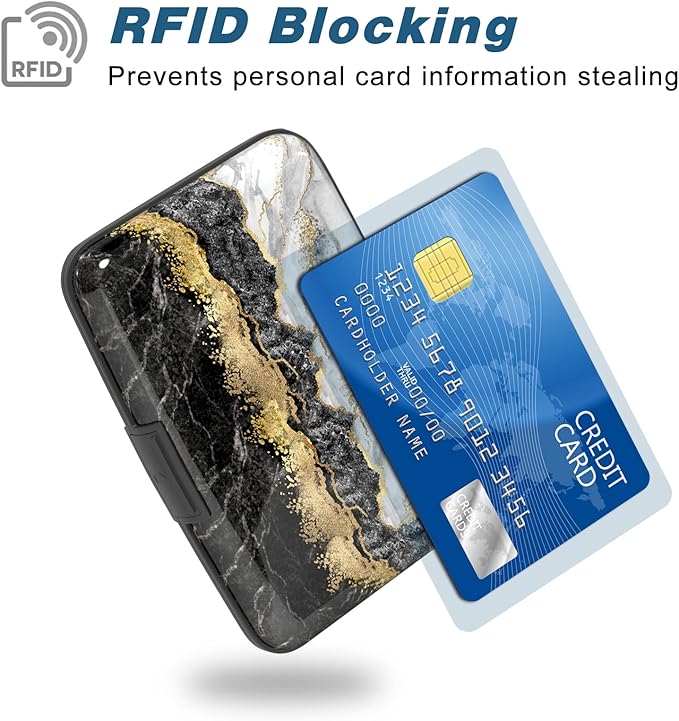 Credit Card Holder, Mini Aluminum Card Wallet RFID Blocking Slim Metal Hard Card Case for Women Men, Black Gold Marble